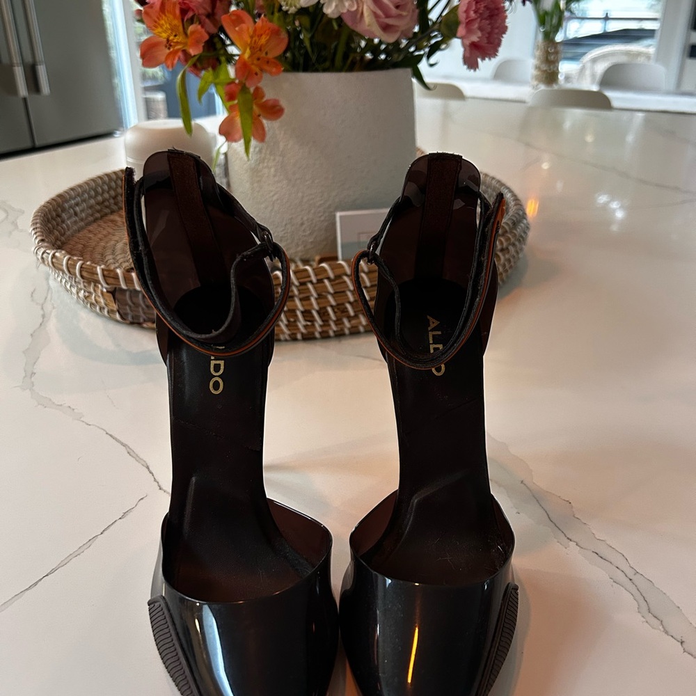 ALDO Black Patent Pointed-Toe Ankle-Strap Heels